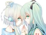  benghuai_7 forehead-to-forehead hatsune_miku headphones highres luo_tianyi multiple_girls simple_background vocaloid white_background 
