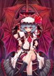  bat_wings blue_hair cross crossed_legs embellished_costume frills hat hat_ribbon highres inverted_cross kantarou_(nurumayutei) large_wings leg_garter legs_crossed looking_at_viewer red_eyes remilia_scarlet ribbon short_hair sitting solo thigh_strap touhou wings wrist_cuffs 