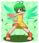  antenna_hair barefoot_sandals dress fairy fairy_bloom_freesia fairy_wings fighting_stance freesia green_eyes green_hair leaf pointy_ears sandals senyou6060 short_hair solo wings wristband yellow_dress 