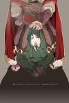  armor bad_id cape fate/zero fate_(series) green_eyes green_hair hair_tussle hand_in_hair male multiple_boys necktie pout rider_(fate/zero) sandals size_difference takumi_(scya) vambraces waver_velvet 