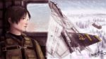  ace_combat ace_combat_5 afterburner airplane artist_name blaze brown_eyes brown_hair ch-47_chinook emblem eyelashes f-14 fighter_jet helicopter jet kei_nagase lips military pilot pilot_suit radio sea_goblin short_hair signature snow solo thompson tree wallpaper wardog_squadron 