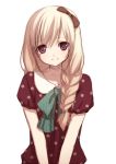  bare_shoulders blonde_hair bow braid collarbone hair_bow long_hair looking_at_viewer nana_mikoto original polka_dot polka_dot_shirt red_eyes side_braid simple_background single_braid sketch smile solo v_arms white_background 
