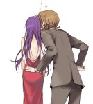  ass_grab brown_hair couple crossdressinging dress formal gundam gundam_00 heart hibiki_(bagawa) lockon_stratos long_hair neil_dylandy purple_hair suit tieria_erde 