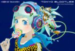  1girl aqua_hair blue_eyes cable candy eyeshadow facial_tattoo hair_ornament headphones hiroyuki_takahashi jack_plug lollipop makeup nail_polish original polka_dot sailor_collar solo speaker surreal swirl_lollipop tattoo 