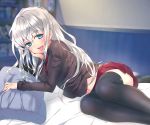  1girl artist_request bed black_legwear blue_eyes blush long_hair looking_at_viewer myg navel necktie original pillow silver_hair sketch skirt smile solo thighhighs tongue tongue_out 