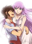  1boy 1girl brown_hair closed_eyes couple dress green_eyes hairu_(690n) hug kido_saori long_hair open_mouth pegasus_seiya purple_hair saint_seiya short_hair smile white_background 