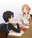  1girl asuna_(sao) black_hair blush brown_eyes brown_hair coco3186 eating food kirito long_hair open_mouth short_hair sitting smile sword_art_online 