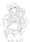  1girl breasts cleavage hand_on_hip highres lineart long_hair looking_at_viewer ml.e monochrome original pointy_ears smile solo very_long_hair 