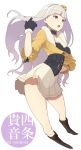  :o accho_(macchonburike) boots breasts character_name cleavage flower gloves hair_flower hair_ornament hairband idolmaster long_hair purple_eyes shijou_takane silver_hair skirt solo title_drop violet_eyes 