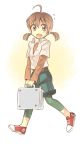  1girl ahoge brown_eyes brown_hair carrying casual dddoochi1 female open_mouth original short_twintails shorts solo twintails unbuttoned 