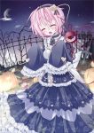  alternate_costume blush bow candy castle cross dress fang flower futase_hijiri hairband hat heart highres komeiji_satori long_sleeves moon open_mouth pink_eyes pink_hair pumpkin rose short_hair solo third_eye touhou wide_sleeves 