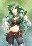 1girl breasts cleavage colored green_gladiolus green_hair hand_on_hip long_hair looking_at_viewer original pointy_ears red_eyes smile solo very_long_hair 