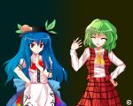  ascot blue_hair bow dress_shirt food fruit hand_on_hip hat hinanawi_tenshi kaoru_(gensou_yuugen-an) kazami_yuuka long_hair parody peach plaid plaid_skirt plaid_vest red_eyes shirt short_hair skirt smile style_parody touhou 