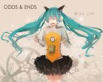  aqua_hair ayakii closed_eyes eyes_closed fingerless_gloves floating_hair gloves hatsune_miku headphones long_hair odds_&amp;_ends_(vocaloid) project_diva_f robot skirt solo title_drop twintails very_long_hair vocaloid 