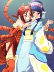  alternate_hairstyle animal_costume aoki_reika bare_shoulders blue_eyes blue_hair breath headdress hino_akane japanese_clothes kanko_(lil) kimono multiple_girls ponytail precure red_eyes red_hair redhead smile_precure! spider wrist_grab yuri 