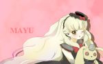  1girl blonde_hair character_name hat highres long_hair mayu_(vocaloid) pink_background riajyuuninarouze solo vocaloid wink yellow_eyes 