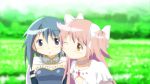  2girls blue_eyes blue_hair blush cape cheek-to-cheek cheek_press goddess_madoka hair_ribbon hangaku highres kaname_madoka long_hair luminous_(madoka_magica) magical_girl mahou_shoujo_madoka_magica mahou_shoujo_madoka_magica_movie miki_sayaka multiple_girls official_style open_mouth pink_eyes pink_hair ribbon short_hair smile spoilers 