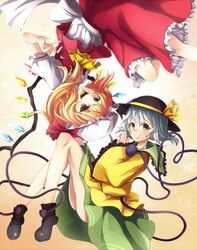  2girls blonde_hair boots bow dress fangs flandre_scarlet green_eyes hat hat_ribbon heart highres komeiji_koishi long_hair long_sleeves looking_at_viewer multiple_girls nemunemu_(bluelight5) no_panties open_mouth red_eyes ribbon rotational_symmetry short_hair silver_hair skirt smile third_eye touhou upside-down wide_sleeves wings 