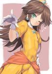  ;) blush brown_hair clothed_navel crown dress erect_nipples flat_chest gloves green_eyes hand_on_hip long_hair looking_at_viewer nagase_haruhito navel nintendo princess princess_daisy skin_tight solo super_mario_bros. white_gloves wink 