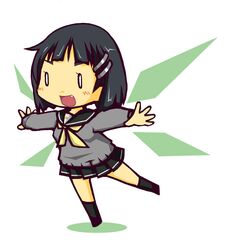  1girl black_hair chibi fang hair_ornament hairclip kirigaya_suguha outstretched_arms school_uniform serafuku short_hair skirt solo spread_arms sweater sword_art_online wara_inu wings 