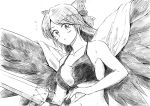  bow breasts hair_bow long_hair looking_at_viewer monochrome reiuji_utsuho solo touhou traditional_media vent_arbre wings 