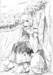  animal_ears eating hat inubashiri_momiji looking_at_viewer monochrome shield short_hair sitting solo sword tail tokin_hat touhou traditional_media vent_arbre weapon 