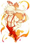  bow fire fujiwara_no_mokou hair_bow hands_in_pockets long_hair red_eyes ryuhey simple_background smile solo standing suspenders touhou white_hair 