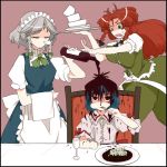  blue_hair bottle braid chiyoshi_(sevendw) eating hong_meiling izayoi_sakuya multiple_girls nose_bubble red_hair redhead remilia_scarlet silver_hair sleeping spilling toe5278 touhou twin_braids wine 