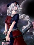  arrow blue_eyes bow bow_(weapon) braid bust cross hair_intakes hat long_hair mokku moon silver_hair skirt solo space touhou very_long_hair weapon yagokoro_eirin 