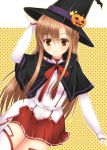  1girl a-1_pictures ascii_media_works asuna_(sao) brown_eyes brown_hair cape capelet cute dengeki_bunko detached_sleeves halloween happy_halloween hat hat_ribbon jack-o&#039;-lantern long_hair looking_at_viewer mukai_kiyoharu polka_dot polka_dot_background red_eyes ribbon skirt smile solo star sword_art_online thigh-highs thighhighs white_legwear witch_hat yuuki_asuna 