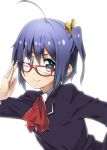  ahoge arm_up bespectacled black_hair blue_eyes chuunibyou_demo_koi_ga_shitai! eyepatch glasses hair_ribbon looking_at_viewer pose ribbon side_ponytail smile solo star takanashi_rikka yuuzii 