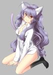  animal_ears black_legwear breasts cat_ears cat_tail cleavage grey_background hiiro_(kikokico) long_hair looking_at_viewer original purple_hair seiza shirt sitting smile socks solo tail very_long_hair wariza wavy_hair yellow_eyes 