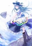  blue_hair boots bow dress food fruit hat hinanawi_tenshi long_hair miyakure peach short_sleeves smile solo sword sword_of_hisou touhou weapon 