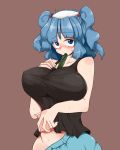  bald_spot blue_eyes blue_hair breasts chiyoshi_(sevendw) cucumber impossible_clothes impossible_shirt kawashiro_nitori large_breasts looking_at_viewer navel solo tank_top toe5278 touhou twintails webbed_hands 