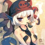  bare_shoulders between_breasts blue_eyes breasts head_fins hitomaru looking_at_viewer mermaid monster_girl original pipe short_hair smoking white_hair 