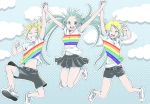  2girls armpits arms_up belt blonde_hair closed_eyes cloud clouds eyes_closed green_eyes green_hair hair_ornament hairclip hand_holding hatsune_miku holding_hands jumping kagamine_len kagamine_rin long_hair multiple_girls open_mouth orihara_sachiko rainbow short_hair shorts skirt twintails very_long_hair vocaloid wink yellow_eyes 