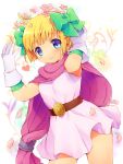  belt bianca&#039;s_daughter bianca's_daughter blonde_hair blue_eyes bow cape dragon_quest dragon_quest_v dress flower gloves hair_bow lovelyclay short_hair skirt smile solo white_background white_dress 