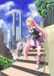  blue_eyes braid cityscape ia_(vocaloid) long_hair looking_at_viewer murakami_monako open_mouth outdoors pink_hair skirt sky smile solo twin_braids very_long_hair vocaloid 
