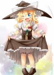  ;d blonde_hair bloomers blush bow braid curiosities_of_lotus_asia curtsey dress dress_lift hair_bow hat hat_ribbon kirisame_marisa long_hair looking_at_viewer open_mouth ribbon single_braid smile solo standing star taker touhou wink witch_hat wrist_cuffs yellow_eyes 