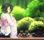  cat closed_eyes covering_mouth cup eyes_closed flower from_behind ginji74 green_hair highres japanese_clothes kimono mug obi original pillow seiza short_hair sitting solo tabi tears yawning 