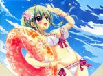  :d absurdres bikini bracelet breasts copyright_request dutch_angle flower flower_on_head frilled_bikini frills green_hair hair_flower hair_ornament highres huge_filesize innertube izumi_tsubasu jewelry open_mouth purple_eyes sky smile swimsuit violet_eyes 