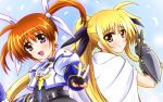  armor back-to-back blonde_hair blue_eyes blush brown_hair cape diesel-turbo fate_testarossa fingerless_gloves gloves hair_ribbon long_hair lyrical_nanoha mahou_shoujo_lyrical_nanoha mahou_shoujo_lyrical_nanoha_a&#039;s mahou_shoujo_lyrical_nanoha_a's mahou_shoujo_lyrical_nanoha_the_movie_2nd_a&#039;s mahou_shoujo_lyrical_nanoha_the_movie_2nd_a's multiple_girls puffy_sleeves red_eyes ribbon short_twintails smile takamachi_nanoha twintails v very_long_hair 