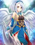  axe breasts detached_sleeves highres holding large_wings looking_at_viewer original pinkarage silver_hair solo weapon white_wings wings yellow_eyes 