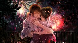  1girl aerial_fireworks brown_hair closed_eyes couple eyes_closed fireworks flower hair_flower hair_ornament japanese_clothes kimono long_hair obi original ramu_(xxxramxxx) short_hair smile yukata 