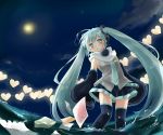  aqua_eyes aqua_hair detached_sleeves envelope hatsune_miku heart long_hair mochizuki_yomogi moon necktie night night_sky open_mouth scarf skirt sky solo thigh-highs thighhighs twintails very_long_hair vocaloid water 