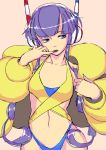  bare_shoulders black_hair blue_eyes breasts fur_coat gym_leader headphones kamitsure_(pokemon) long_hair midriff miyatsuka_ringorou navel pokemon pokemon_(game) pokemon_bw pokemon_bw2 purple_hair solo 