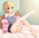  bare_shoulders barefoot bed blonde_hair collarbone feet garter_straps green_eyes highres legs lips myg no_shoes original short_hair single_thighhigh skirt solo sweater thighhighs toes 