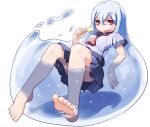 air_bubble bare_legs barefoot beanpaste blue_hair feet foreshortening long_hair monster_girl open_mouth original partially_submerged popsicle red_eyes school_uniform serafuku simple_background sitting skirt slit_pupils soles solo surreal sweat toenails toes water wet white_background white_hair 