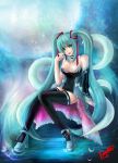  absurdres aqua_hair artist_name black_legwear breasts choker detached_sleeves green_eyes hair_ribbon hatsune_miku high_heels highres jewelry large_breasts legs long_hair long_legs necklace rayka ribbon shoes sitting solo thigh-highs thighhighs thighs twintails very_long_hair vocaloid zettai_ryouiki 