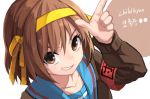  armband bad_id brown_eyes brown_hair cardigan hairband korean salute school_uniform serafuku short_hair suzumiya_haruhi suzumiya_haruhi_no_yuuutsu yunamul 